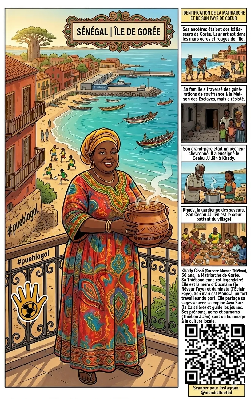 Khady Cissé, matriarche de Gorée, présentée sur une planche Pueblo Gol