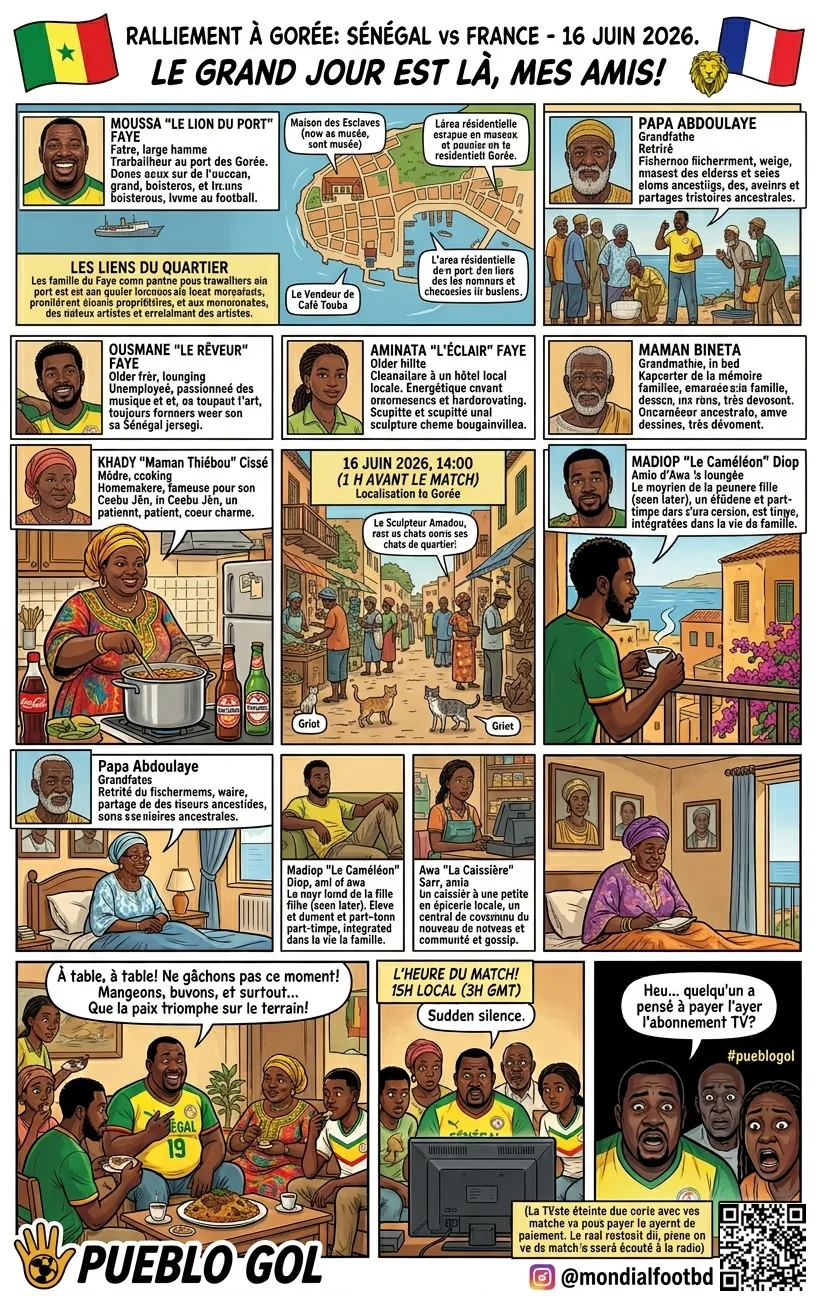 Planche 1, Le ralliement à Gorée, présentation du quartier et des personnages